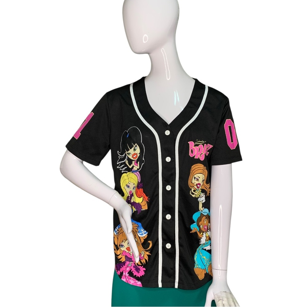 Bratz Baseball Jersey Button Down Short Sleeve Black Dolls Print Size S
